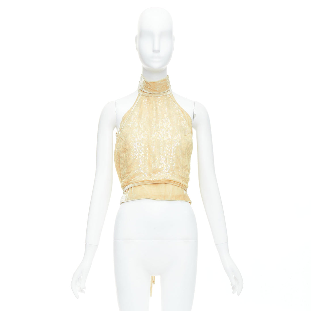 rare GIANFRANCO FERRE Vintage cream beaded velvet layered halter top IT42 M