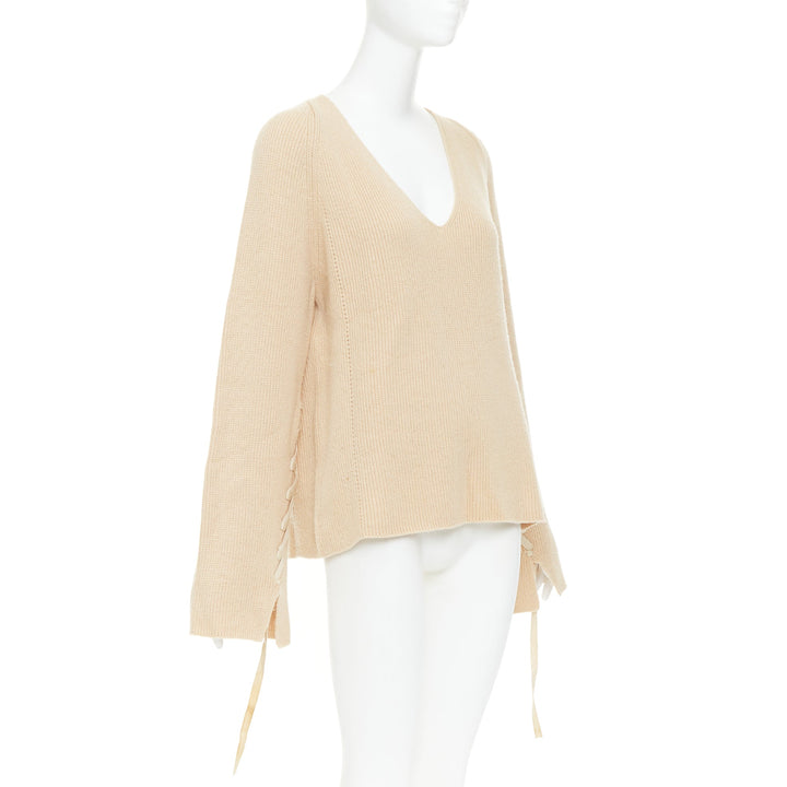 HELMUT LANG beige wool cashmere lace up sleeves relaxed oversized sweater M