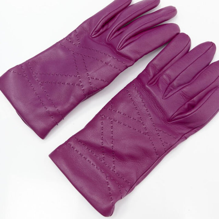 HERMES purple lamb leather overstitching 100% cashmere lined glove 7.5