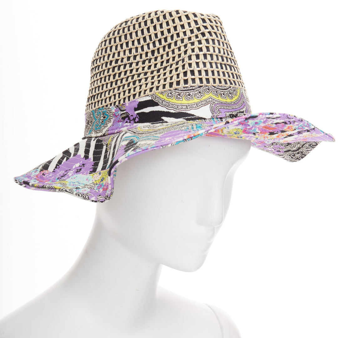 ETRO purple cotton blend paisley print beige raffia jute floppy hat S