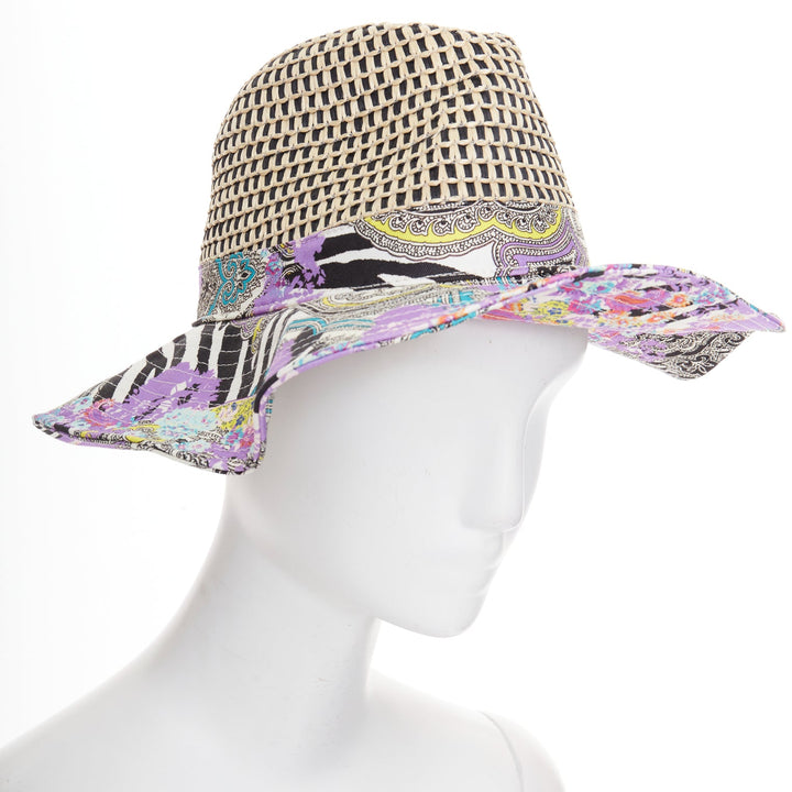 ETRO purple cotton blend paisley print beige raffia jute floppy hat S