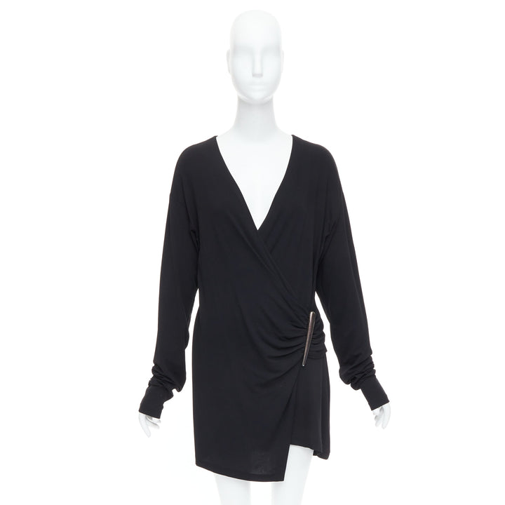 DONNA KARAN Vintage black viscose blend V neck silver buckle drape mini dress L