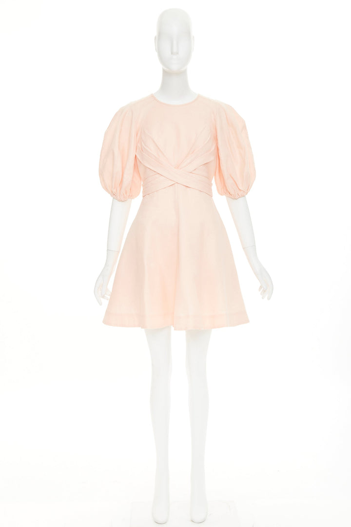 ZIMMERMANN 2022 Wrap Bodice soft blush pink linen puff sleeve dress US1 XS