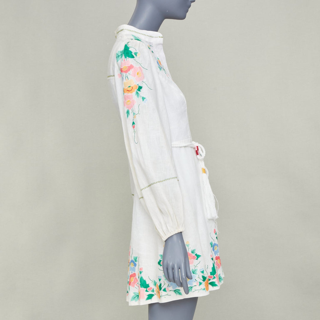 ZIMMERMANN 2021 Fiesta Applique multicolour floral white linen mini dress Sz1 S