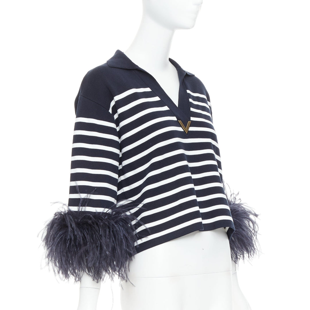 VALENTINO 2024 VGold navy white striped ostrich feather trim sleeve polo top XS