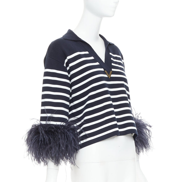 VALENTINO 2024 VGold navy white striped ostrich feather trim sleeve polo top XS