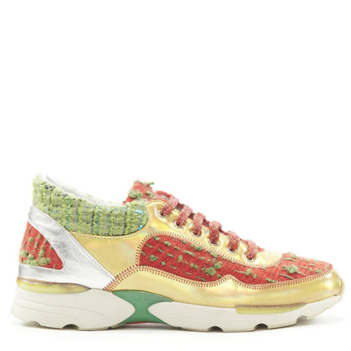 CHANEL iridescent gold red green tweed low top sneaker EU36.5