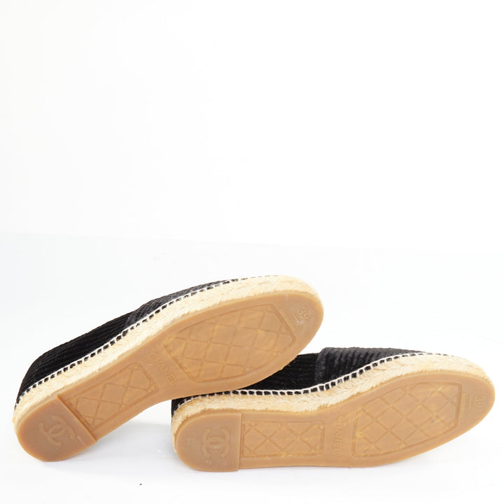 CHANEL black velvet grosgrain CC logo cap toe slip on flat espadrilles EU39