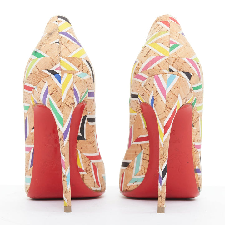 CHRISTIAN LOUBOUTIN So Kate Cork Chevron beige colourful calfskin pumps EU36.5
