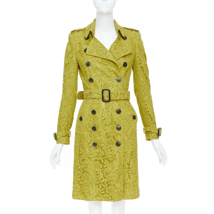 BURBERRY 2013 chartreuse mustard lime macrame lace double breasted trench UK6 XS