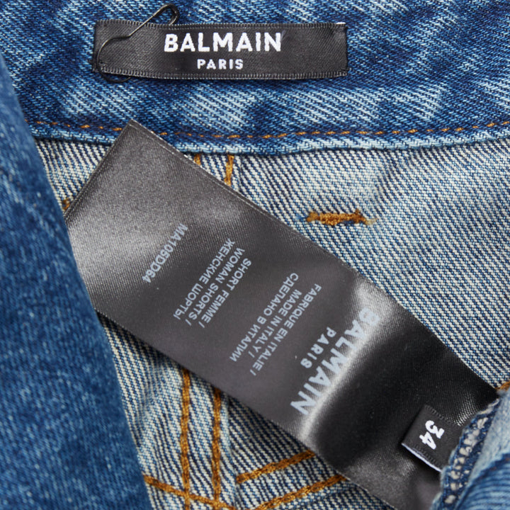 BALMAIN blue washed bronze logo buttons high waisted denim shorts FR34 XS