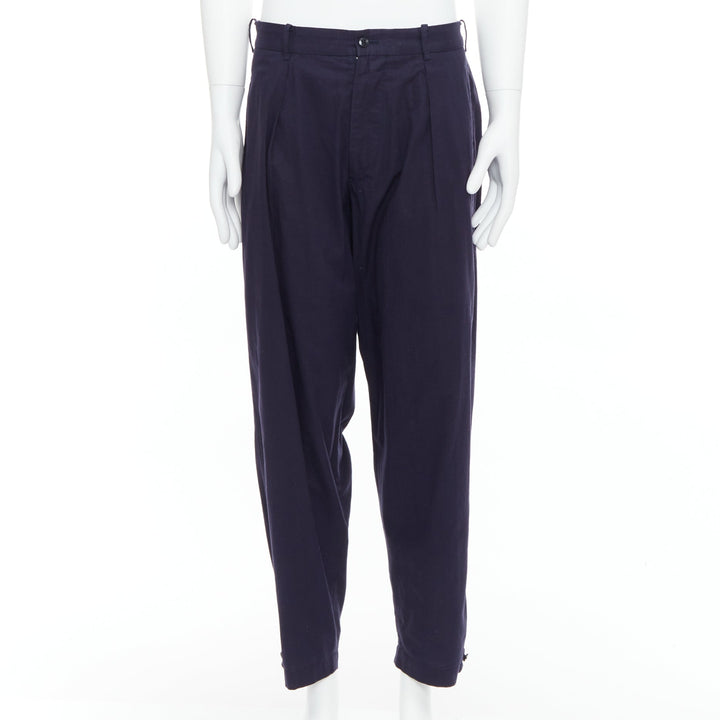 YOHJI YAMAMOTO navy 100% cotton pleated front tapered pants JP4 XL
