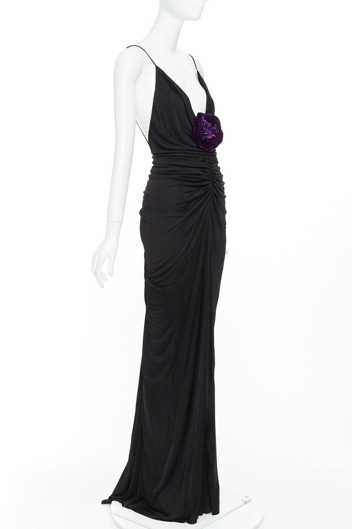 rare SAINT LAURENT 2022 Runway purple Wild Rose applique ruched plunge gown S