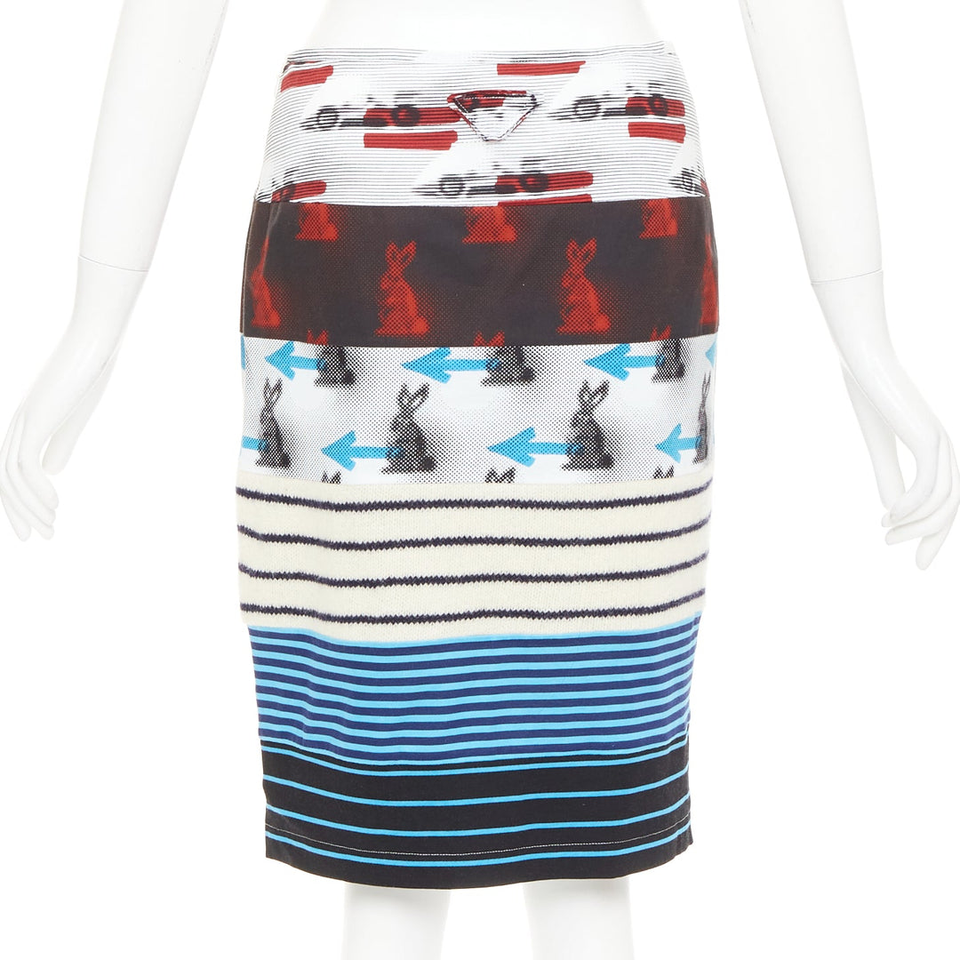 PRADA 2015 Rabbit Trick Race Car graphic stripe knit patchwork skirt IT40 S