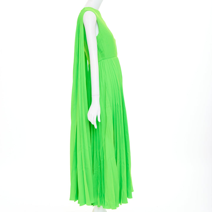 VALENTINO 2019 neon green accordion pleated caped shoulder crepe dress IT40 S