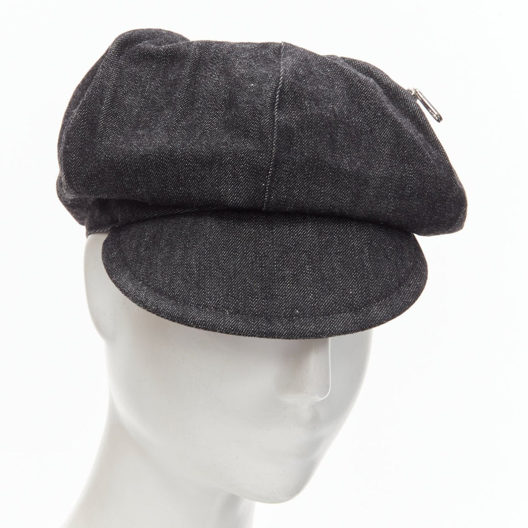 BURBERRY Vintage black denim logo embroidery zip zip pocket newboy hat Sz 54