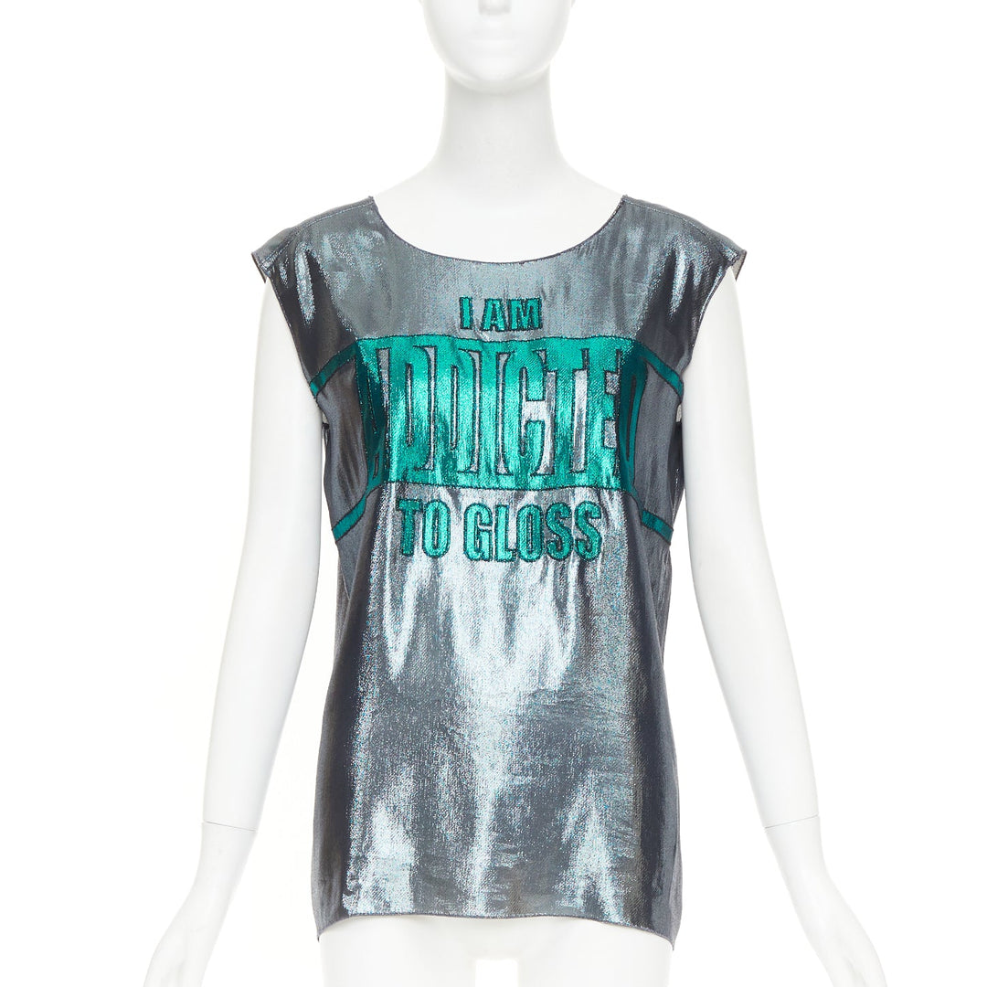 LANVIN 2014 Runway I Am Addicted To Gloss metallic green silver silk lame vest S