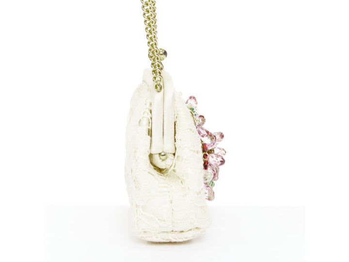 DOLCE GABBANA cream lace multicolour stone beaded kisslock chain micro bag