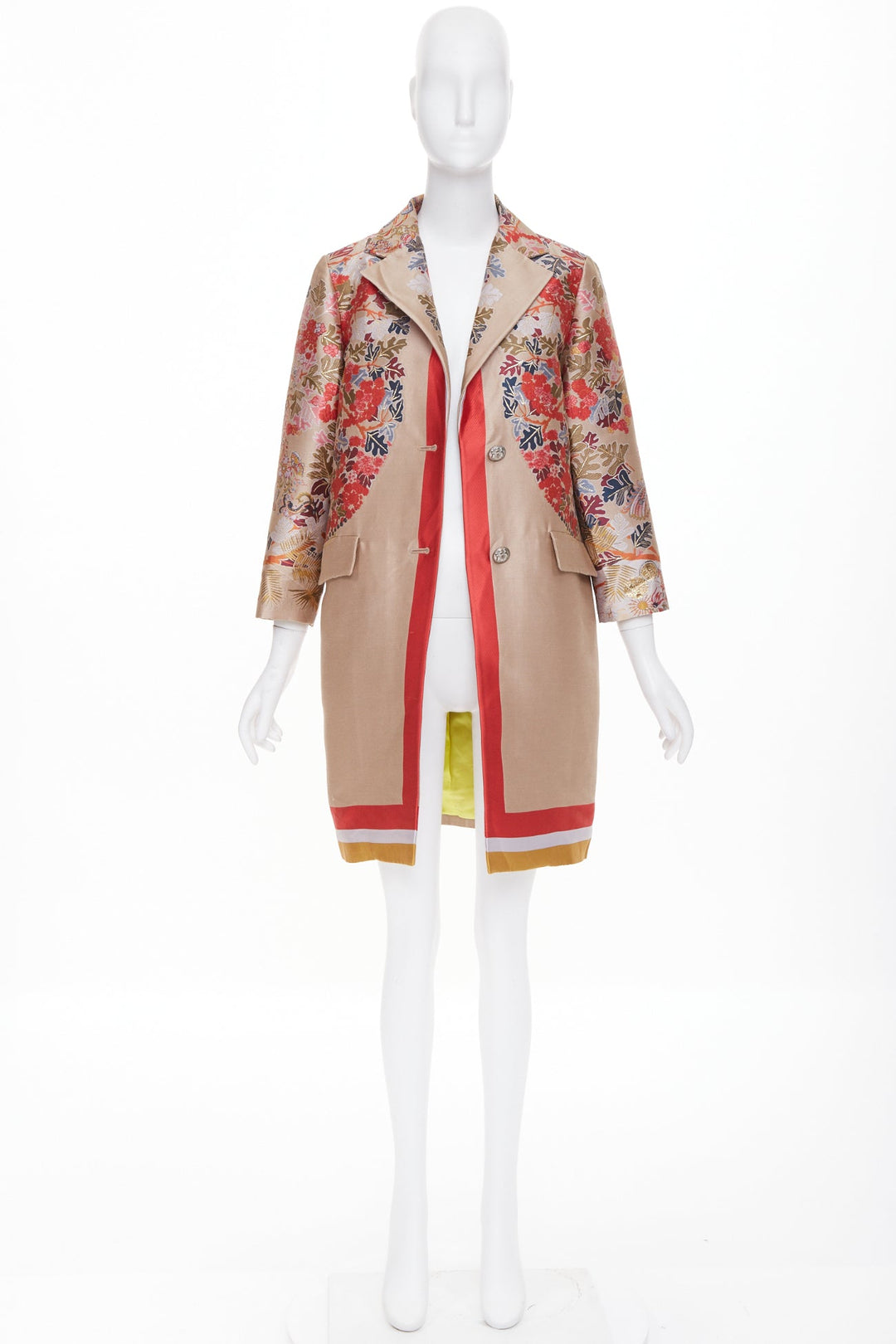 ETRO taupe red placed floral cotton blend jacquard overcoat IT42 M