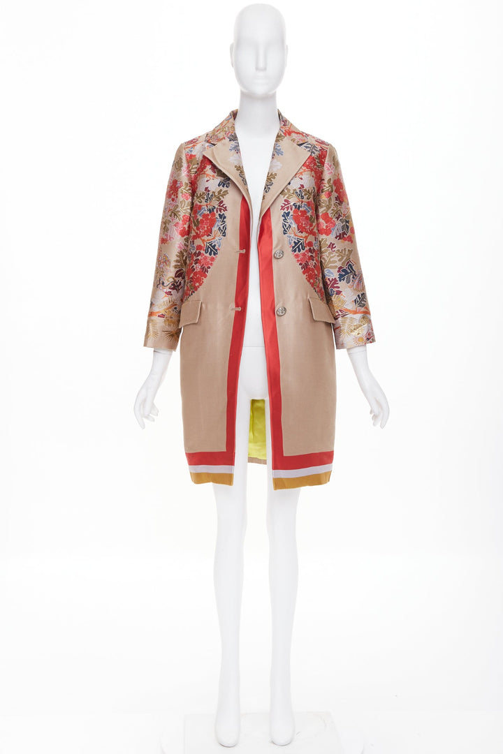ETRO taupe red placed floral cotton blend jacquard overcoat IT42 M