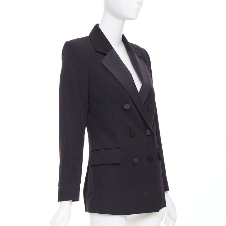 RACIL Hatanaka black wool pique satin trim double breasted tuxedo blazer FR34 XS