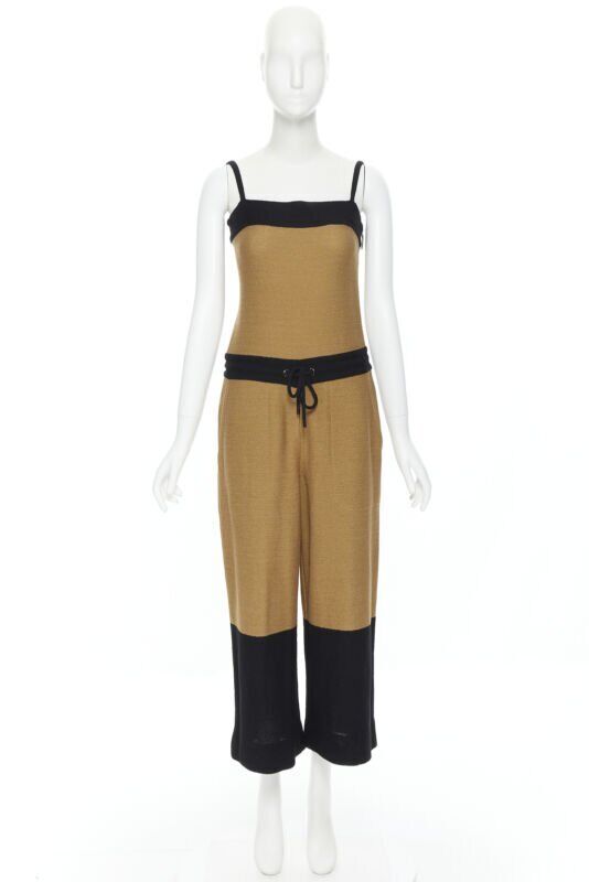 HERMES 100% cotton black brown colorblocked drawstring sleeveless jumpsuit Fr34