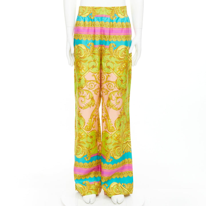 VERSACE Barocco Goddess 100% silk twill graphic print wide leg pants EU48 M