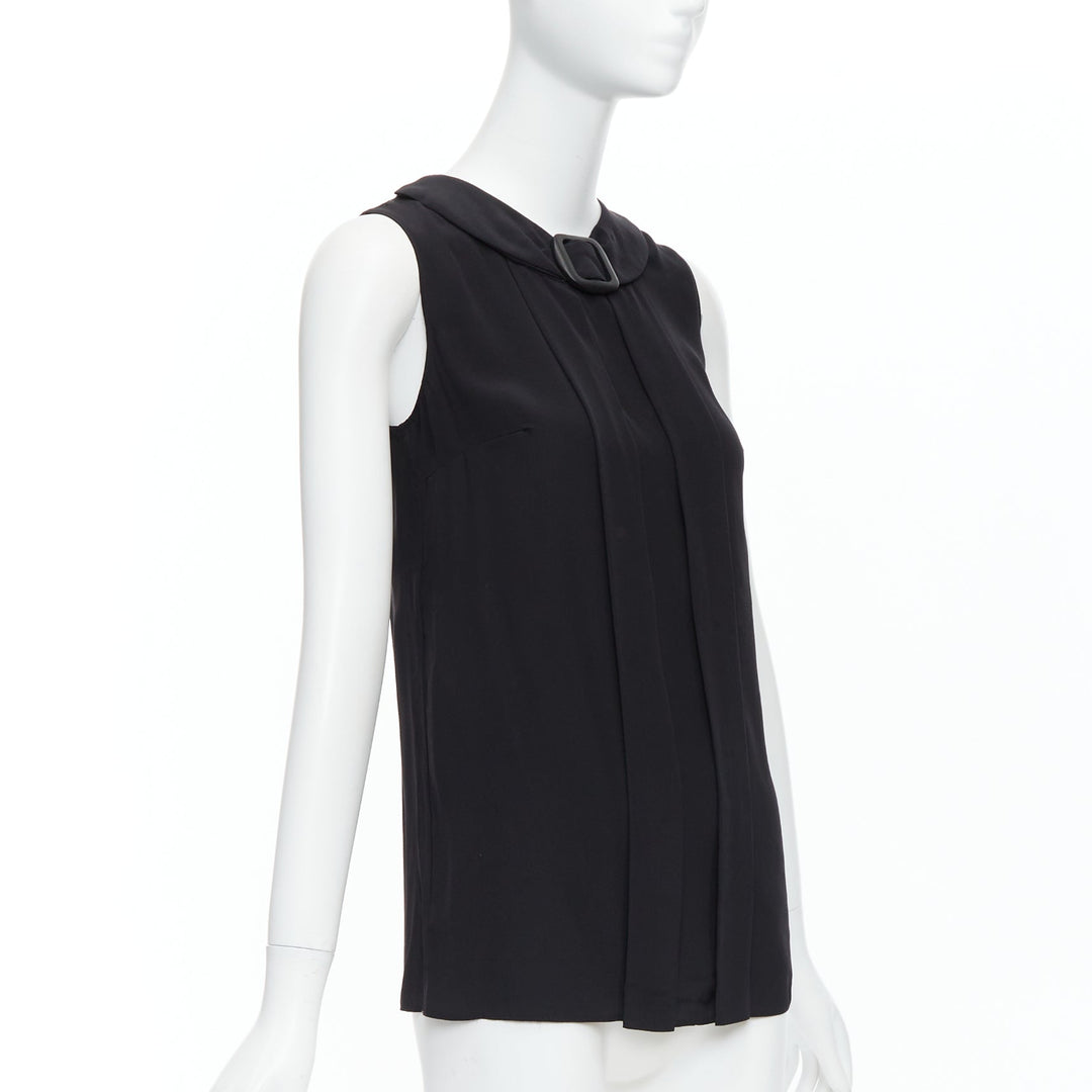 PRADA 2011 black 100% silk logo plastic buckle neck pleated top IT38 XS