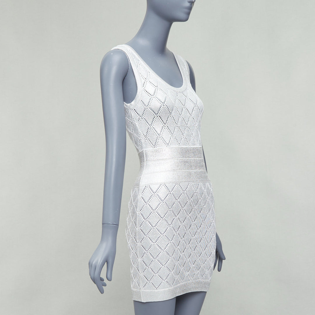 BALMAIN metallic silver coated cream argyle knit mini dress FR34 XS