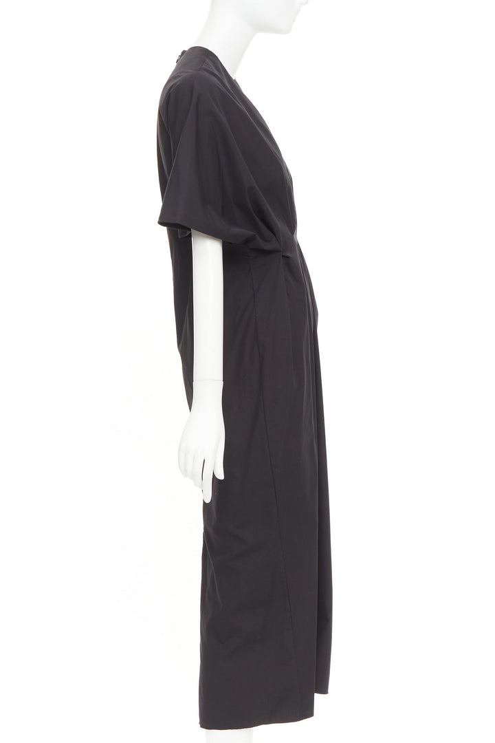 ESME VIE black cotton poplin V neck short cape sleeve pleated midi dress FR38 M