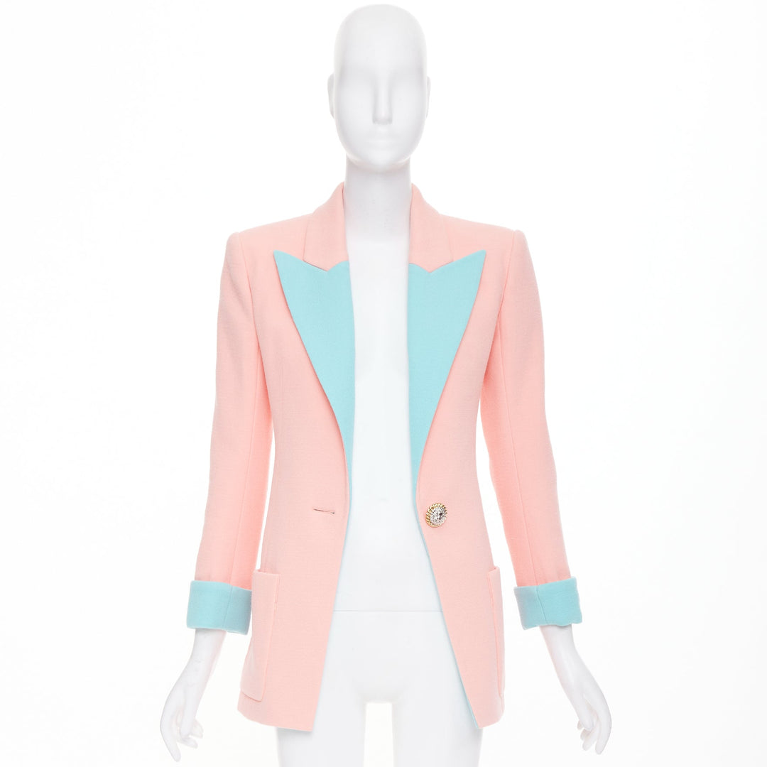 BALMAIN 2024 Runway pink blue wool crepe hourglass fitted Power blazer FR34 XS