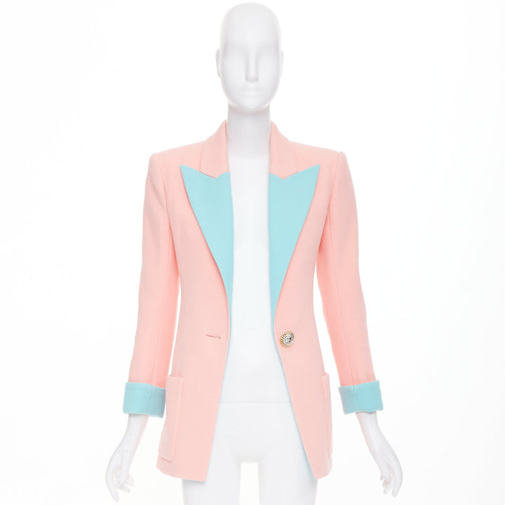 BALMAIN 2024 Runway pink blue wool crepe hourglass fitted Power blazer FR34 XS