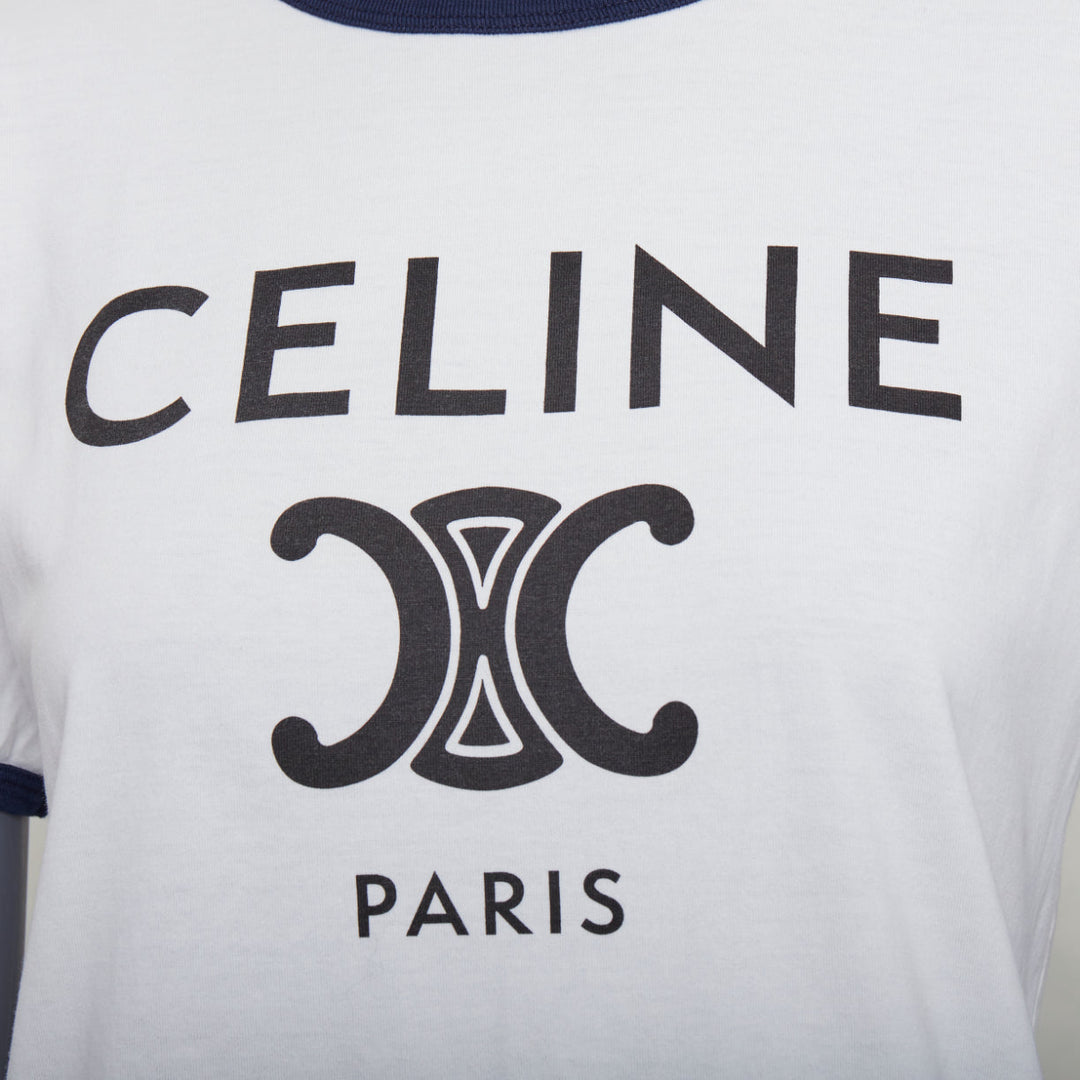 CELINE Triomphe cream navy cotton logo print crew neck ringer tshirt M