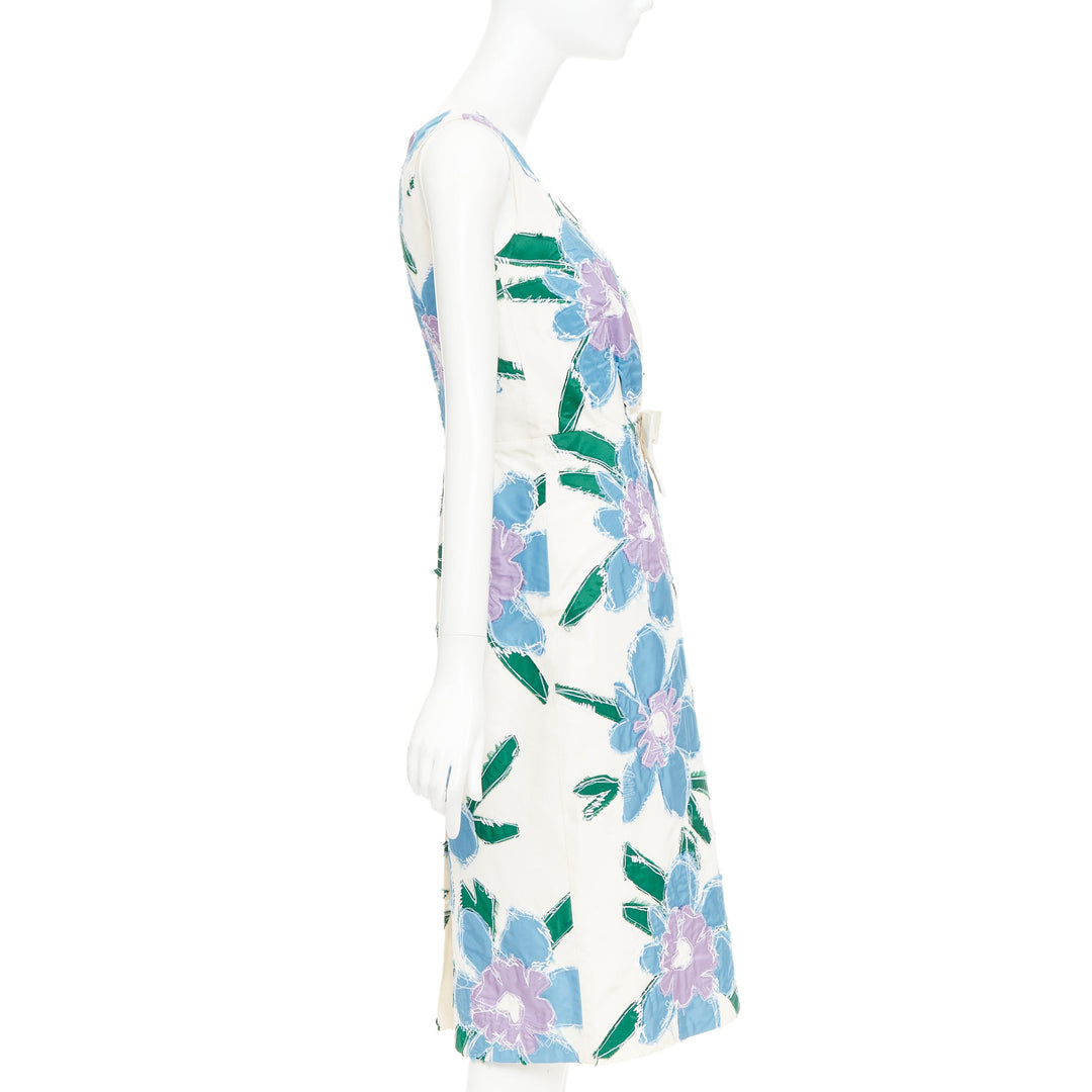 PRADA 2016 cream blue green silk overstitch patchwork floral bow dress IT38 XS