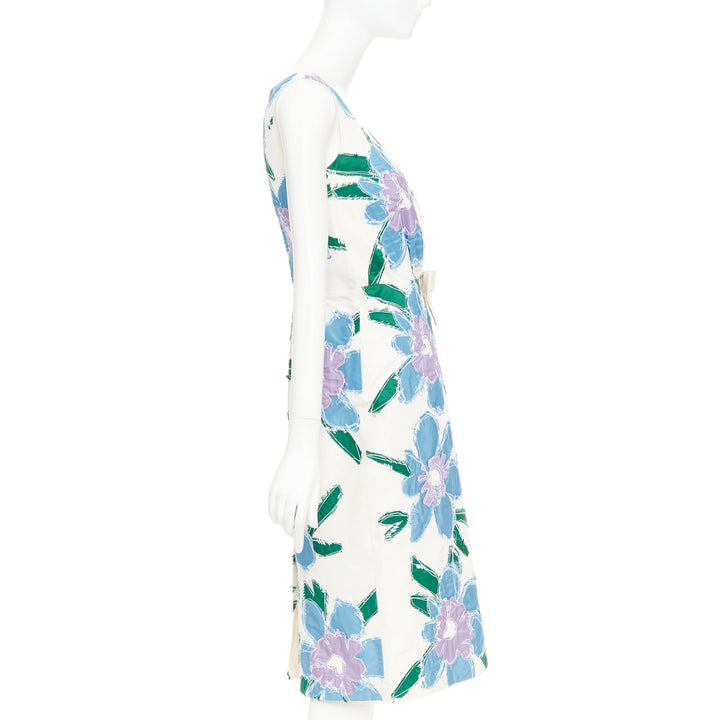 PRADA 2016 cream blue green silk overstitch patchwork floral bow dress IT38 XS