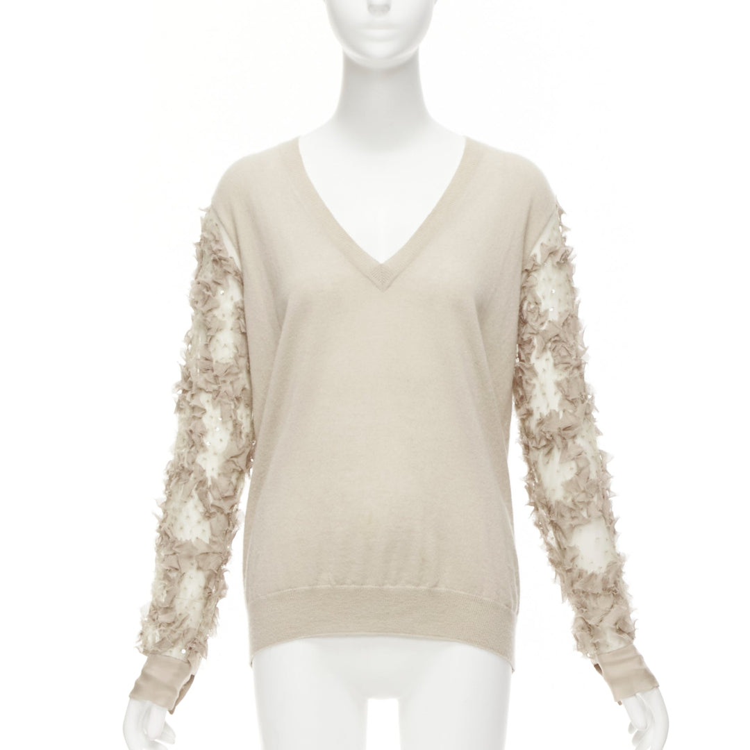 DRIES VAN NOTEN stone cashmere silk ruffle sheer sleeves V-neck sweater S