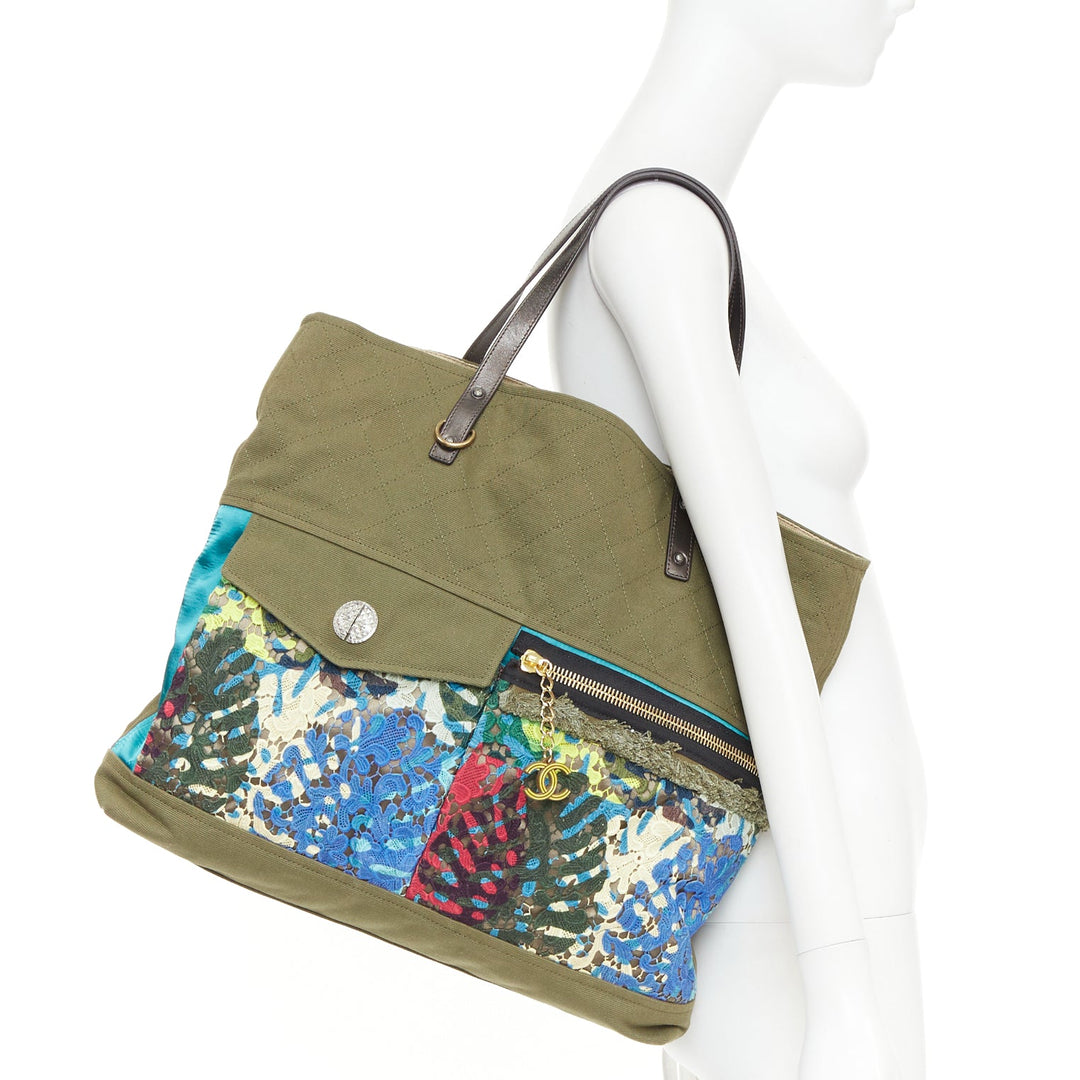 CHANEL 2017 Runway Coco Cuba Lace Guayabera Large Shopping Bag green tote