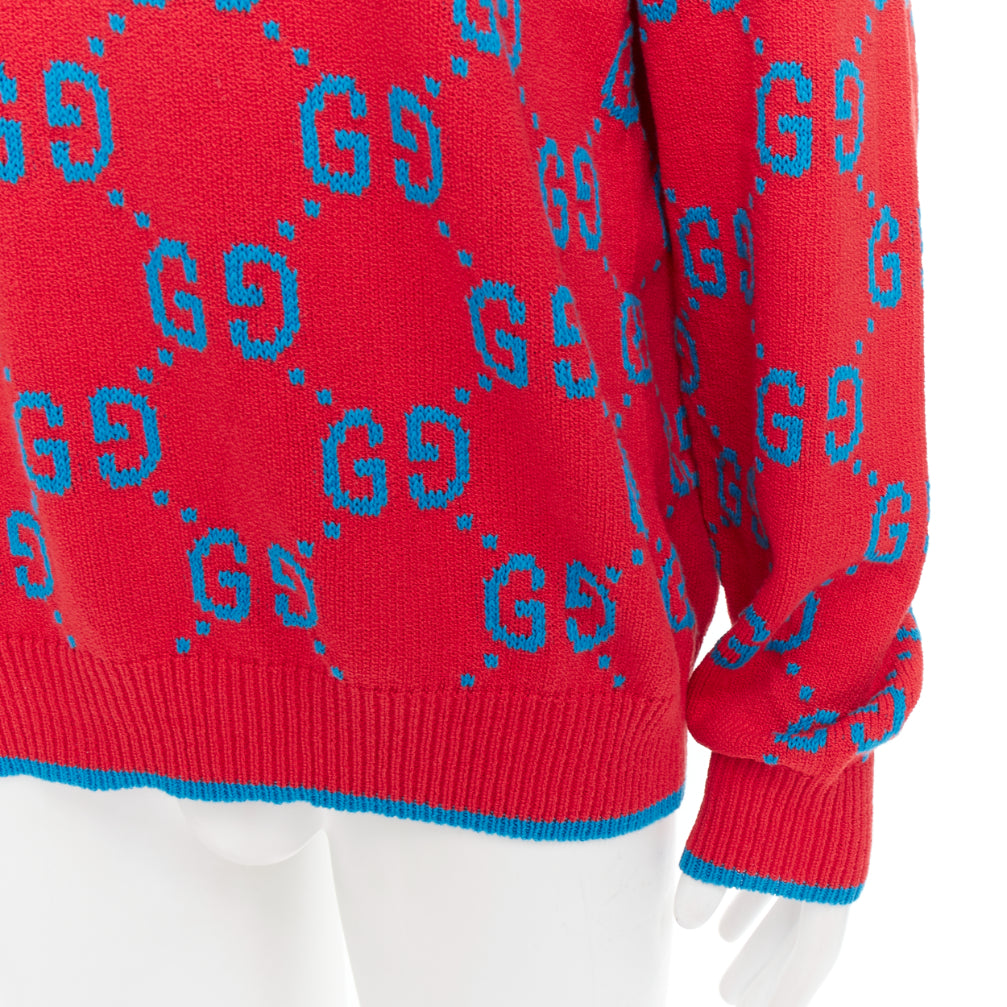 GUCCI red blue cotton blend GG monogram intarsia sweater XL