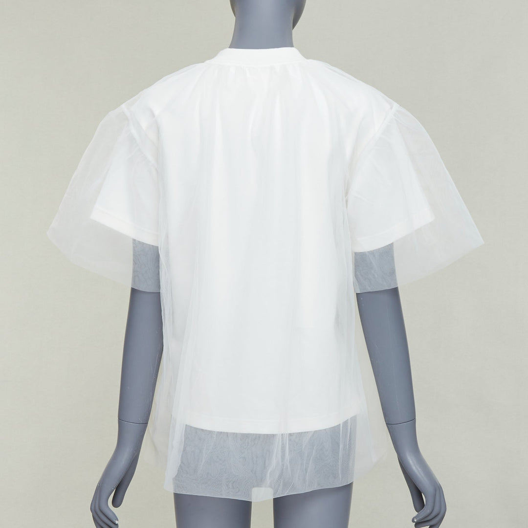 SHUSHU TONG Tulle white cream mesh overlay crew neck short sleeve tshirt UK6 XS
