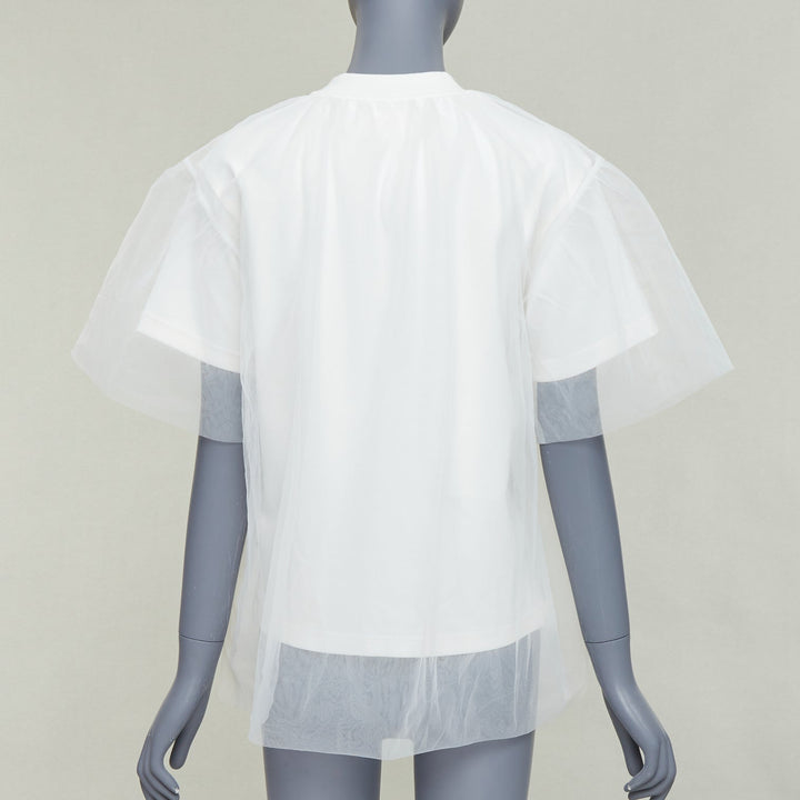 SHUSHU TONG Tulle white cream mesh overlay crew neck short sleeve tshirt UK6 XS
