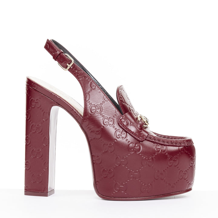 GUCCI 2024 Runway Ottavia burgundy GG embossed leather chunky platform heel EU38