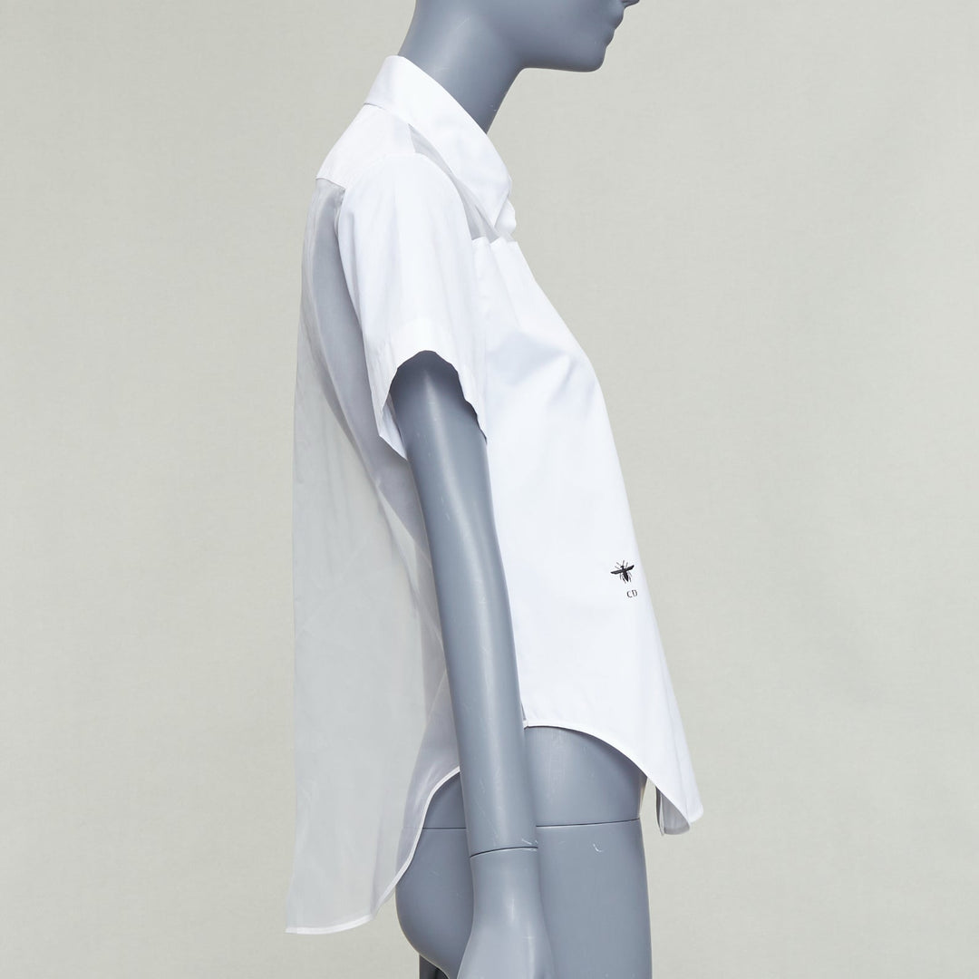 CHRISTIAN DIOR 100% silk white cotton trim sheer panel logo shirt FR34 XS