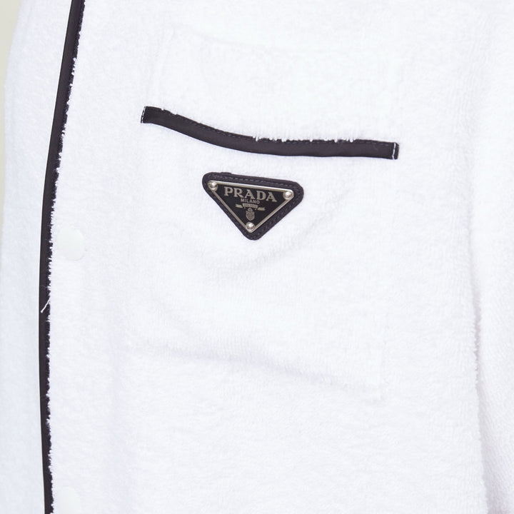 PRADA 2021 white terry towelling black triangle logo plaque bowling shirt L