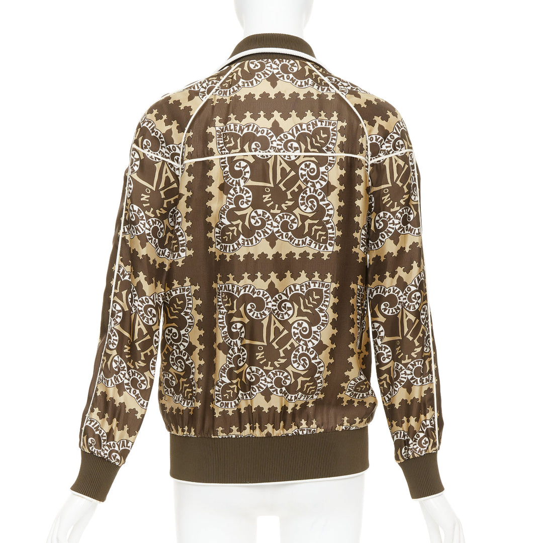 VALENTINO brown hue 100% silk logo scarf print collared track jacket IT38 XS