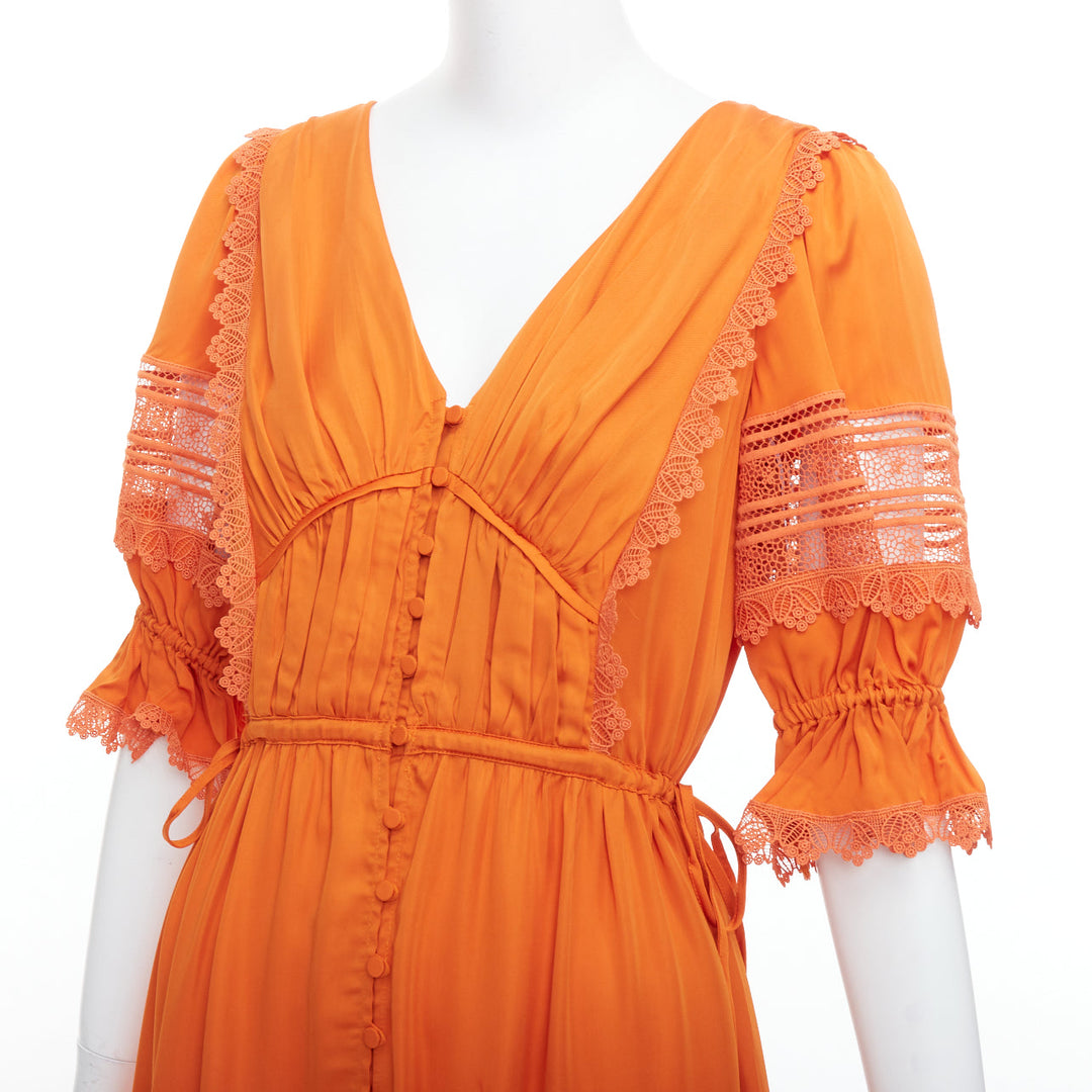 SELF PORTRAIT burnt orange lace trim satin twill ruffle midi dress UK8 S