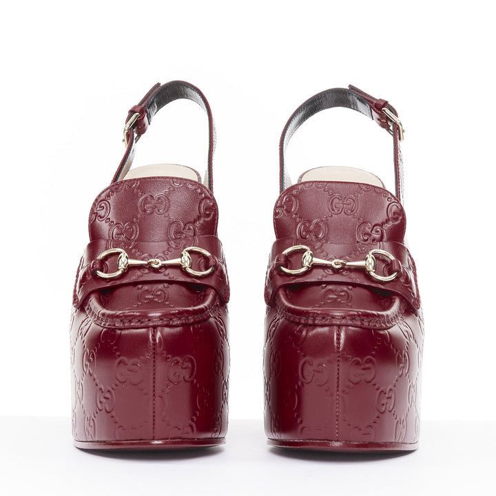 GUCCI 2024 Runway Ottavia burgundy GG embossed leather chunky platform heel EU38