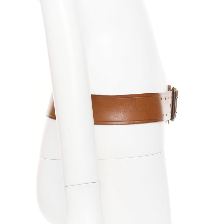 SAINT LAURENT  2015 brown leather chrome metal YSL stud wide military belt 75cm