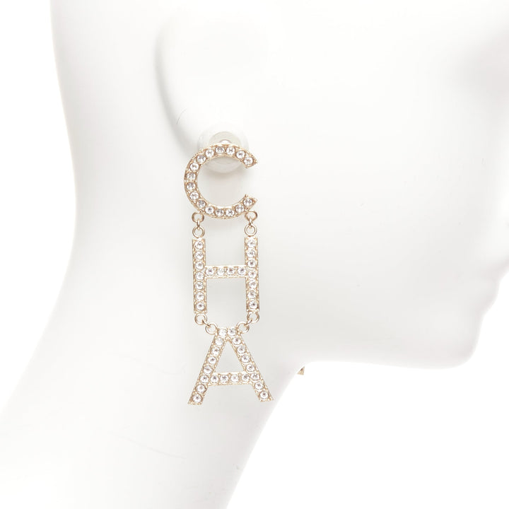 CHANEL B19S crystal CHA-NEL diamantes mismatch letter drop dangling pin earrings