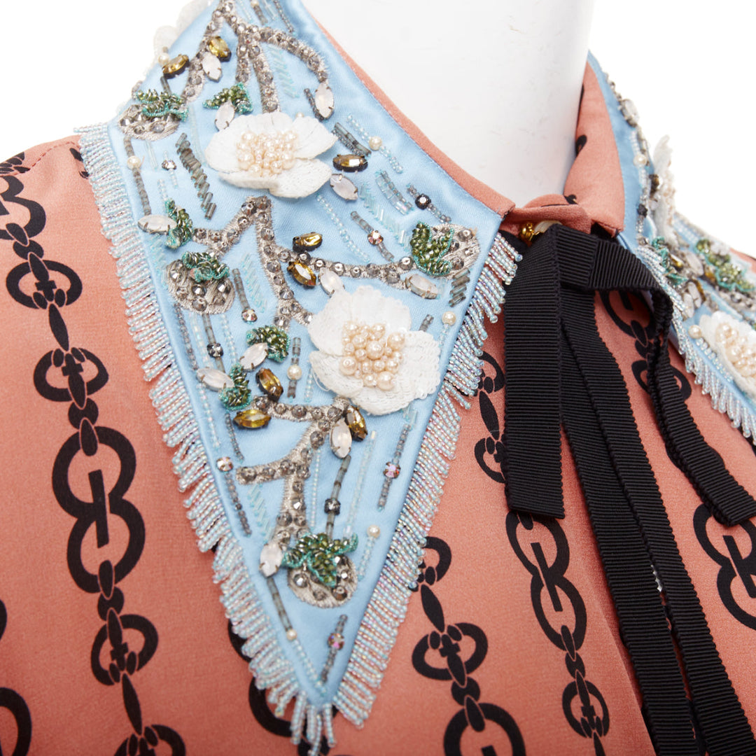 GUCCI Michele 2017 pink silk chain blue embroidered collar blouse IT38 XS