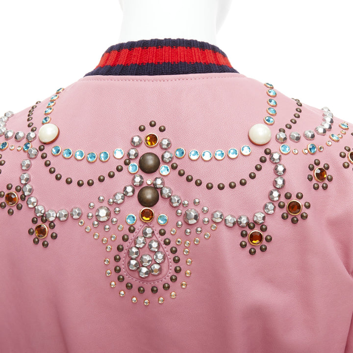 GUCCI pink lambskin pearl embellished web trim crop bomber IT40 S